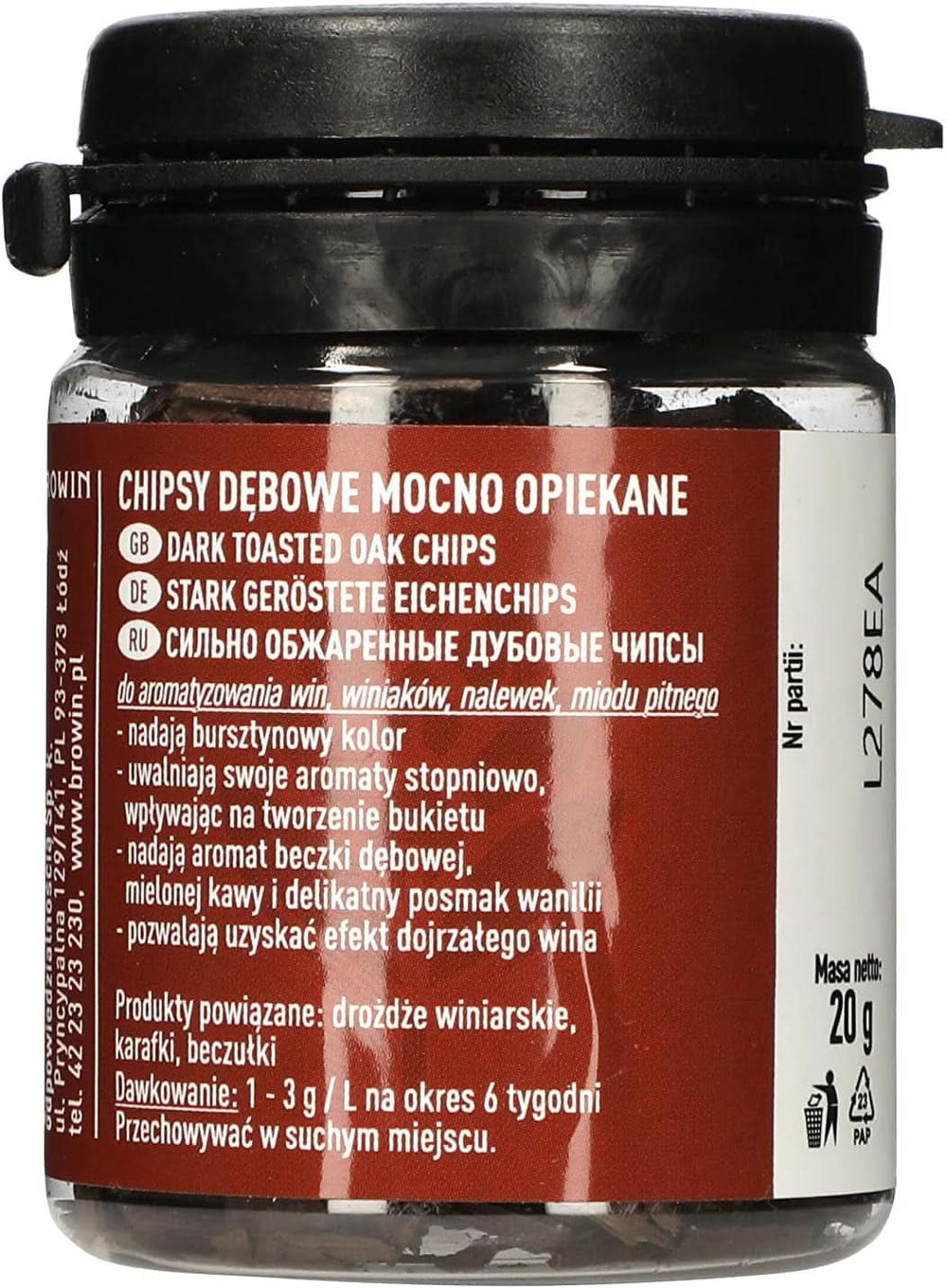 Browin silně pražené dubové chipsy 20 g – vločky, jemné dubové tyčinky pro ochucení alkoholu, hnědé příchutě Naty Shop 20 g vysoce pražené – vločky