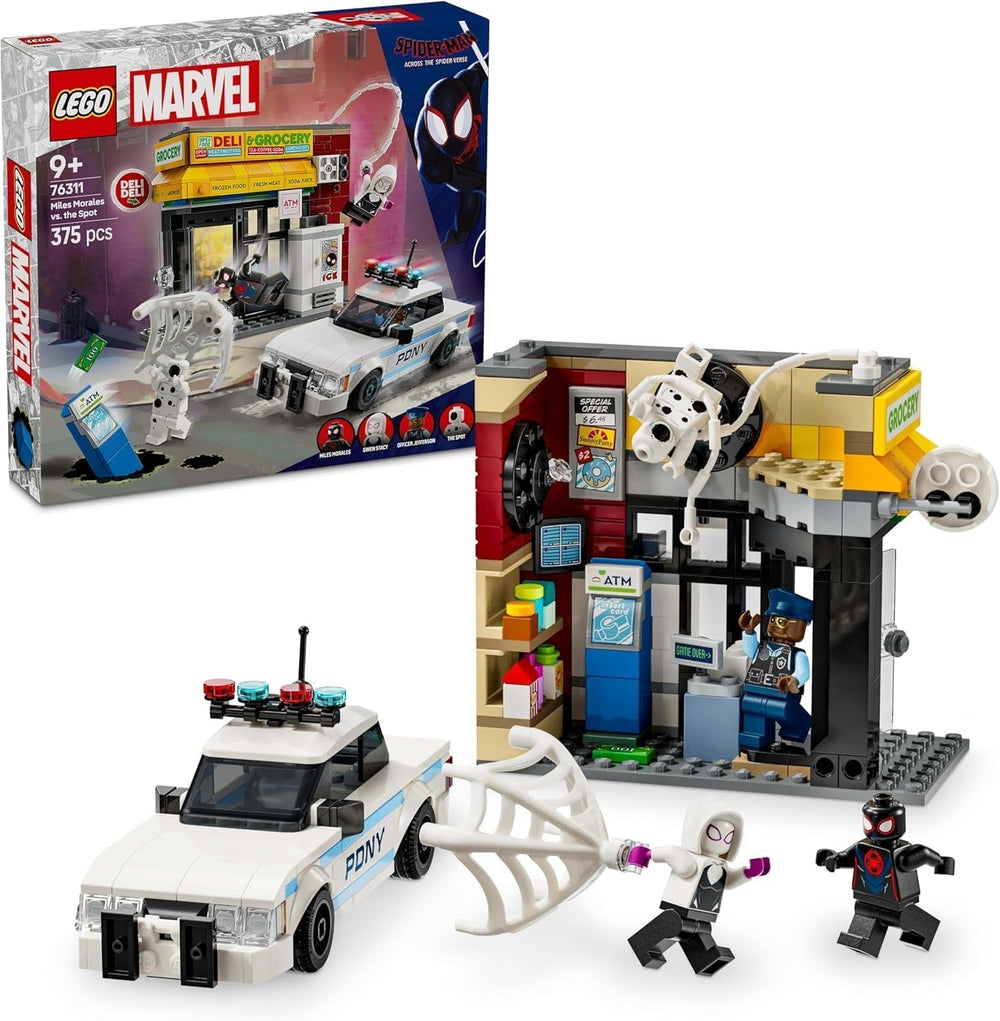 LEGO Marvel Spider-Verse: Miles Morales vs. Spot – Superhrdinská herní sada s autíčkem – 4 minifigurky a minimarket – Dárek pro chlapce a dívky od 9 let 76311 Stavebnice Besuche den LEGO-Store Výchozí název