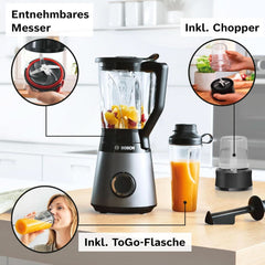 Bosch Standmixer Vitapower Serie 4 MMB6177S, Edelstahl-Klingen Made in Germany, 1,5L Thermosafe Glasbehälter, 0,6L To-Go-Flasche, Stopfer, Universalzerkleinerer, 30 000 U/Min, 1200 W, Silver Kitchen Naty Shop