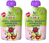 biozentrale BioKids Piure de fructe Măr Banană Zmeură Ovăz | 12 x 90g | Gustare fructată fără zahăr adăugat | Vegan (Pachet de 2)