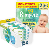 Sada dětských plen Harmonie Velikost 2 (4-8 kg, 240 kusů) MĚSÍČNÍ BOX a Krabice na vlhčené ubrousky Harmonie Aqua Baby 720 ubrousků (15 x 48), Baby Essentials