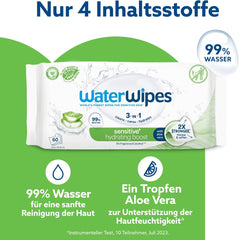 WaterWipes Sensitive+ Hydrating Boost vlhčené ubrousky, hydratační ubrousky, počet 720 (12 balení), 3 v 1 čistí, pečují, hydratují, 99% voda z Aloe Vera, neparfémované dětské ubrousky