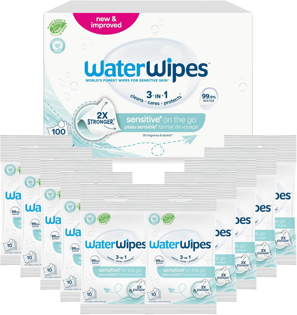 Vlhčené ubrousky WaterWipes Sensitive+ On The Go, 100 ubrousků (10 balení), 3 v 1 čistí, pečuje, chrání, 99,9 % vody, ubrousky bez parfemace