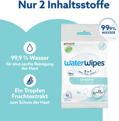 Vlhčené ubrousky WaterWipes Sensitive+ On The Go, 100 ubrousků (10 balení), 3 v 1 čistí, pečuje, chrání, 99,9 % vody, ubrousky bez parfemace