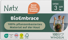 Dětské plenky Naty BioEmbrace, velikost 3 (4–9 kg) | 100% rostlinné materiály, šetrné k pokožce | Prodyšná měkkost, dermatologicky testováno, výborná vstřebatelnost | 100 ks.