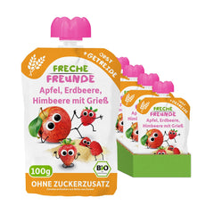 FRECHE FREUNDE Bio Quetschie Jablko, Erdbeere, Himbeere mit Grieß, Fruchtmus mit Getreide in Quetschbeutel für Baby from 6. Month, vegan, 6er Pack (6 x 100g)