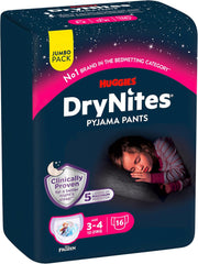Scutece Huggies DryNites foarte absorbante pentru noapte, pentru fete 3-4 ani (12-21 kg), 4 x 16 bucăți (64 bucăți în total), pachet lunar de scutece-chiloți