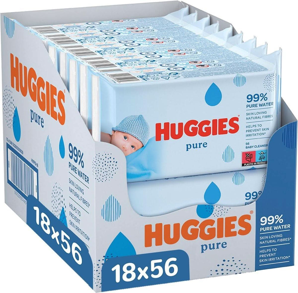 Huggies Pure Baby Wipes 18 balení (1008 ubrousků celkem) — 99 % čistá voda — Bez parfemace pro jemné čištění a ochranu Dětské vlhčené ubrousky Naty Shop