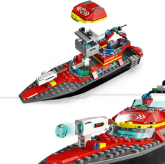 LEGO 60373 City Feuerwehrboot, Spielzeug, das im Wasser wimmt, s Rennboot, 3 minifigurky a Jetpack, Feuerwehr-Boot-Spielzeug Geschenkide für Jungen und Mädchen ab 5 Jahren