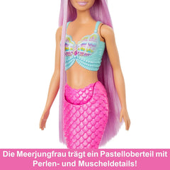 Barbie Meerjungfrauen-Puppe - mit Langen rosa Haaren und Accessoires für individuelles Styling, inklusive Bürste, wunderschönes Muscheloberteil und Pinker Schwanzflosse, für Kinder ab 3 Jahren, HRR00