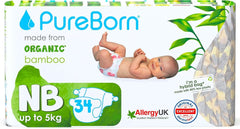 Bio bambusové plenky Pureborn Eco, velikost pro novorozence do 5 kg, ultra měkké, hypoalergenní, s indikátorem vlhkosti, různé potisky Mother and Child Naty Shop Newborn (34 ks)