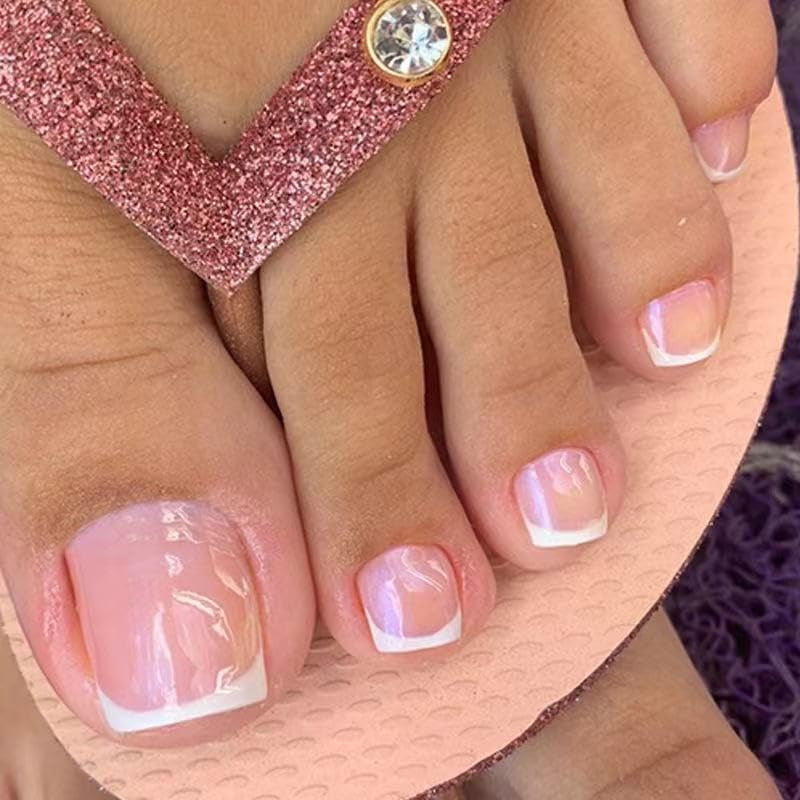 24 bucăți unghii artificiale, roz franțuzesc, alb, unghii artificiale, vârf scurt, pătrate cu lipici, accesorii pentru femei sau fete, idee de cadou pentru Crăciun, nuntă, Ziua Mamei