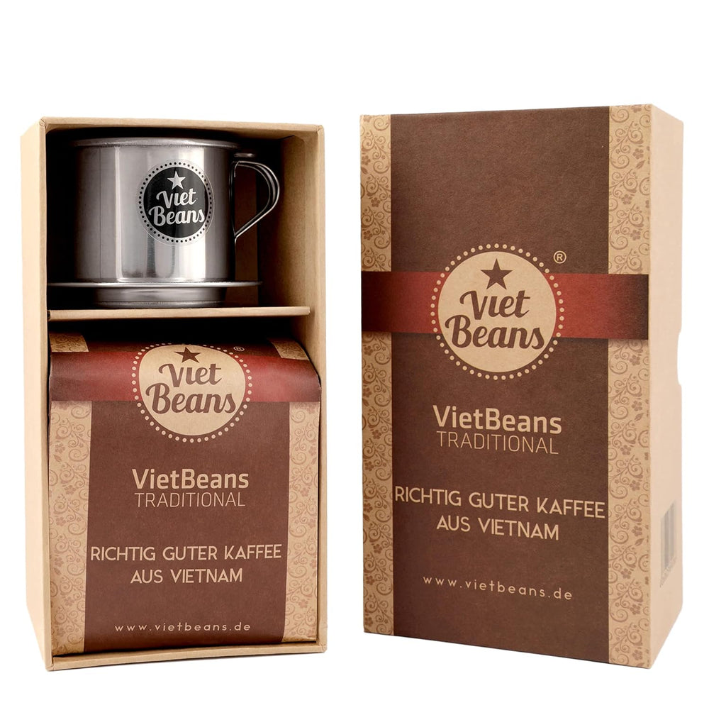 VietBeans Traditional - Schönes Kaffeegeschenk in fester Verpackung - Gemahlener Röstkaffee - 250g Kaffee und Kaffeefilter - Geschenkidee für Kaffeeliebhaber
