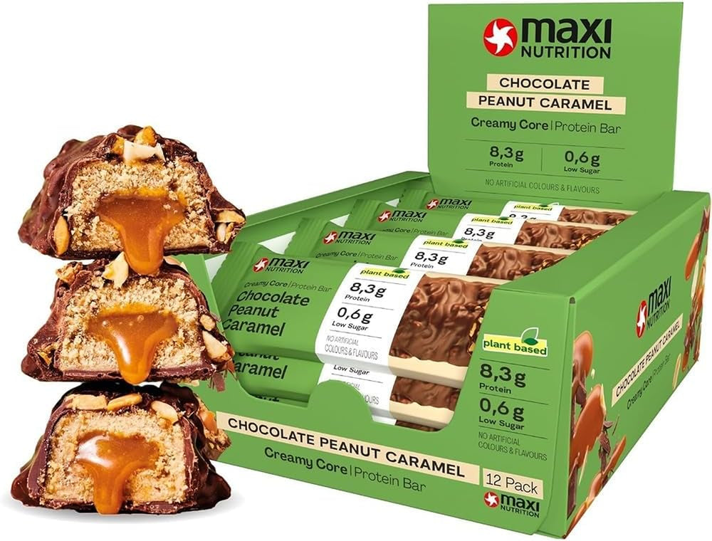 MaxiNutrition Krémová veganská proteinová tyčinka s čokoládou, arašídy a karamelem 12x45g - veganská proteinová tyčinka, 18% protein, 8,3g na tyčinku, nízký obsah cukru (0,9g), bez přidaného cukru, bez umělých aromat