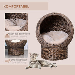 PawHut Rattan Katzenkorb Katzenhöhle Katzenhütte Katzenbett mit Kissen Haustierbett Wasserhyazinthe Kaffee 50 x 42 x 60 cm