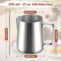 Cană de lapte, cană de lapte din oțel inoxidabil de 350 ml cu marcaj de măsurare, accesoriu barista, cană de lapte pentru cappuccino, espresso, latte art, iubitori de cafea, argintiu, 355 ml