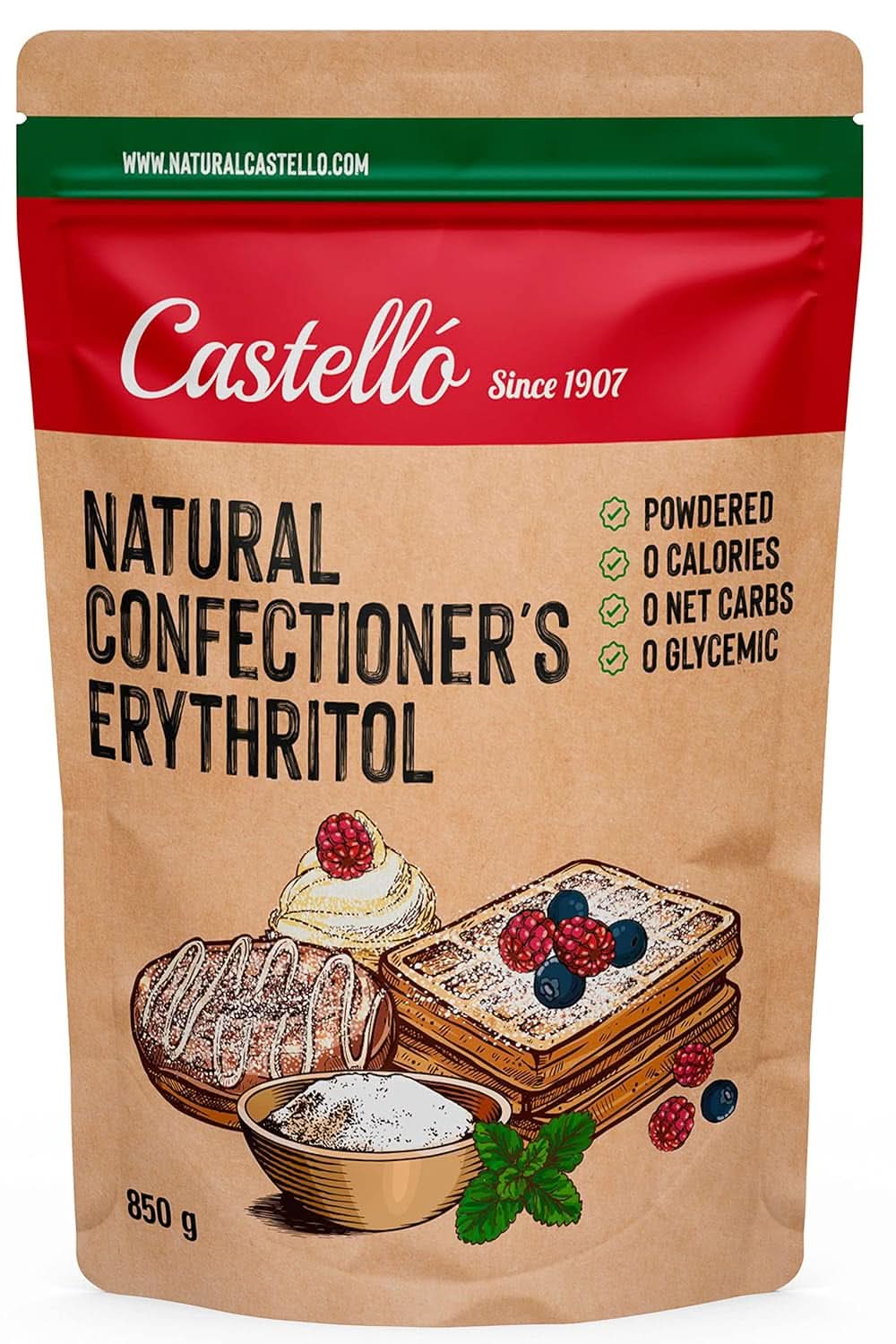 Přírodní erythritol - moučkový cukr | 10G = 7G cukru, 850 gramů Sladidla Naty Shop