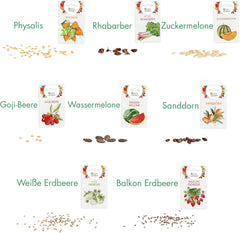 Sada ovocných semínek: Prémiová zahradní semínka s 8 odrůdami ovocných rostlin pro zahradu a balkon - semínka melounu, jahodová semínka, angrešt, rebarbora a další - Dárková sada ovocných semínek od OwnGrown