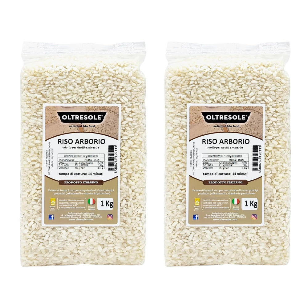 Orez Arborio italian artizanal, orez cu bob mare și amidon, ideal pentru supe, risotto și salate de orez, ambalat în vid în 2 saci de 1 kg