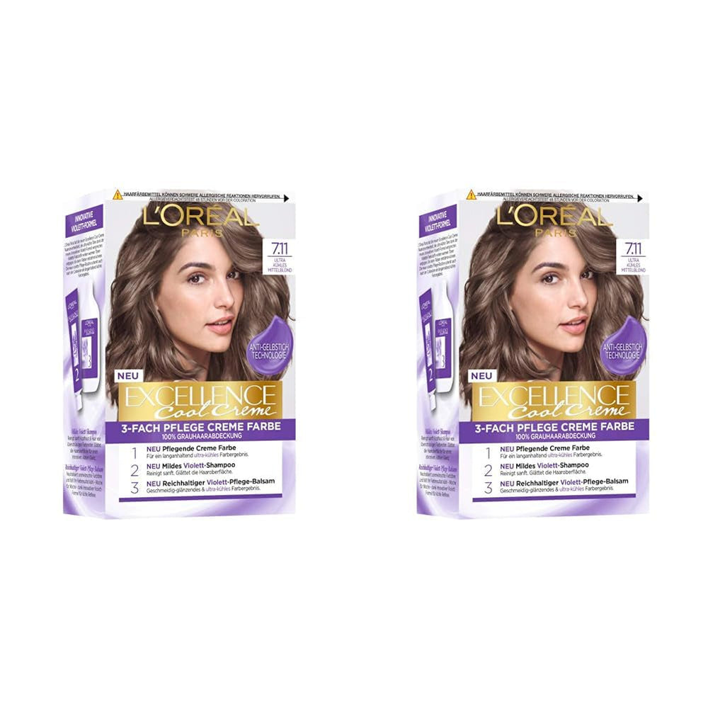 L'Oréal Paris Vopsea de păr permanentă cu rezultat de culoare ultra rece, acoperire 100% a părului gri, set cu colorare, șampon și cremă de îngrijire, Excellence Cool Creme, Nr. 7.11 Ultra rece blond mediu (Blond) Vopsea pentru par Naty Shop Titlu implicit