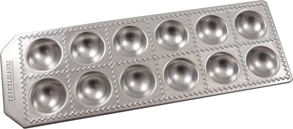 Fackelmann 40926 Formă pentru ravioli de casă, formă rotundă, 12 cavități, 34 x 11,5 x 2 cm, Sybaris, (culoare: argintiu), cantitate: 1 bucată, aluminiu