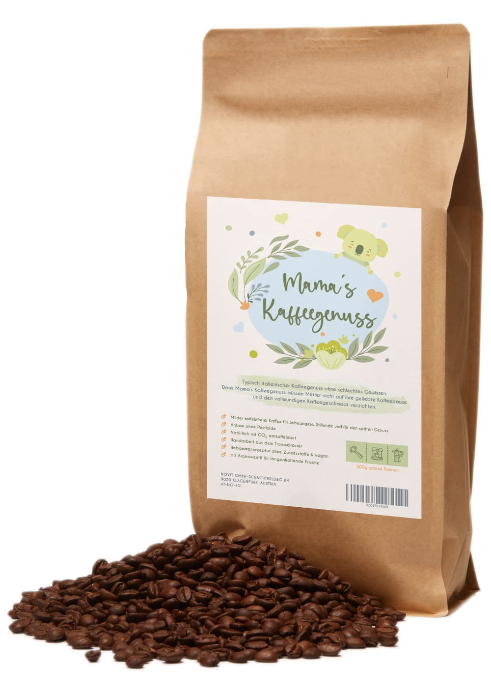 Mama's Coffee Pleasure®binky - Boabe de espresso decofeinizate Cremoso - decofeinizare naturală cu CO² - prăjite ușor în tobă în Italia - ideale în timpul și după sarcină