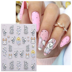 JMEOWIO 6 Blatt 3D Nagelsticker Ostern Nail Art Sticker Selbstklebend Nagelaufkleber 5D Stereoskopisch Süßer Hase Ei Dekoration Nageldesign Zubehör