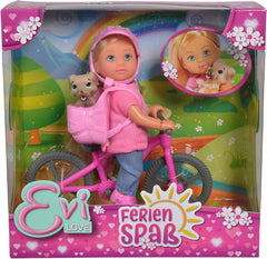 Simba 105733273 - Evi Love Ferienspaß Fahrrad, Puppe mit Fahrrad, Hund und Rucksack, Ankleidepuppe, 12cm, für Kinder ab 3 Jahren