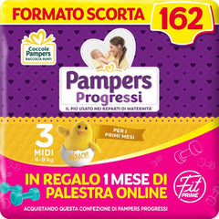Pleny Pampers Progressi & Fit Prime Midi, krátký formát, 162 plen, velikost 3 (4-9 kg), online členství v posilovně na 1 měsíc jako dárek