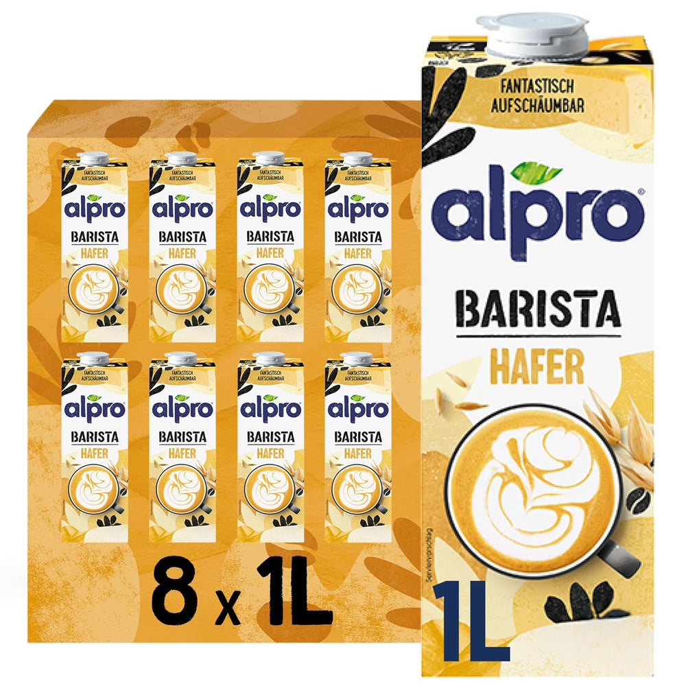 Alpro Barista Haferdrink – Zum Aufschäumen – Vegan und Milchfrei – Von Natur aus laktosefrei – Bohatý na balastní látky, vápník a vitamíny – 8 x 1 L – Haltbar