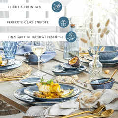 SÄNGER | Set de veselă Darwin cu 12 piese, set de veselă din gresie pentru 4 persoane, set de farfurii albastre care include farfurii de cină, farfurii de desert și farfurii de supă, set de veselă lucrat manual | COLECȚIA PREMIUM