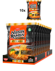 Nissin Ramen Premium - Miso pikantní 10 balení instantních nudlí japonského stylu sušených na vzduchu pro Ramen ve stylu restaurace s jemně pikantní příchutí miso a wakame vloček (10 x 90,7 g)