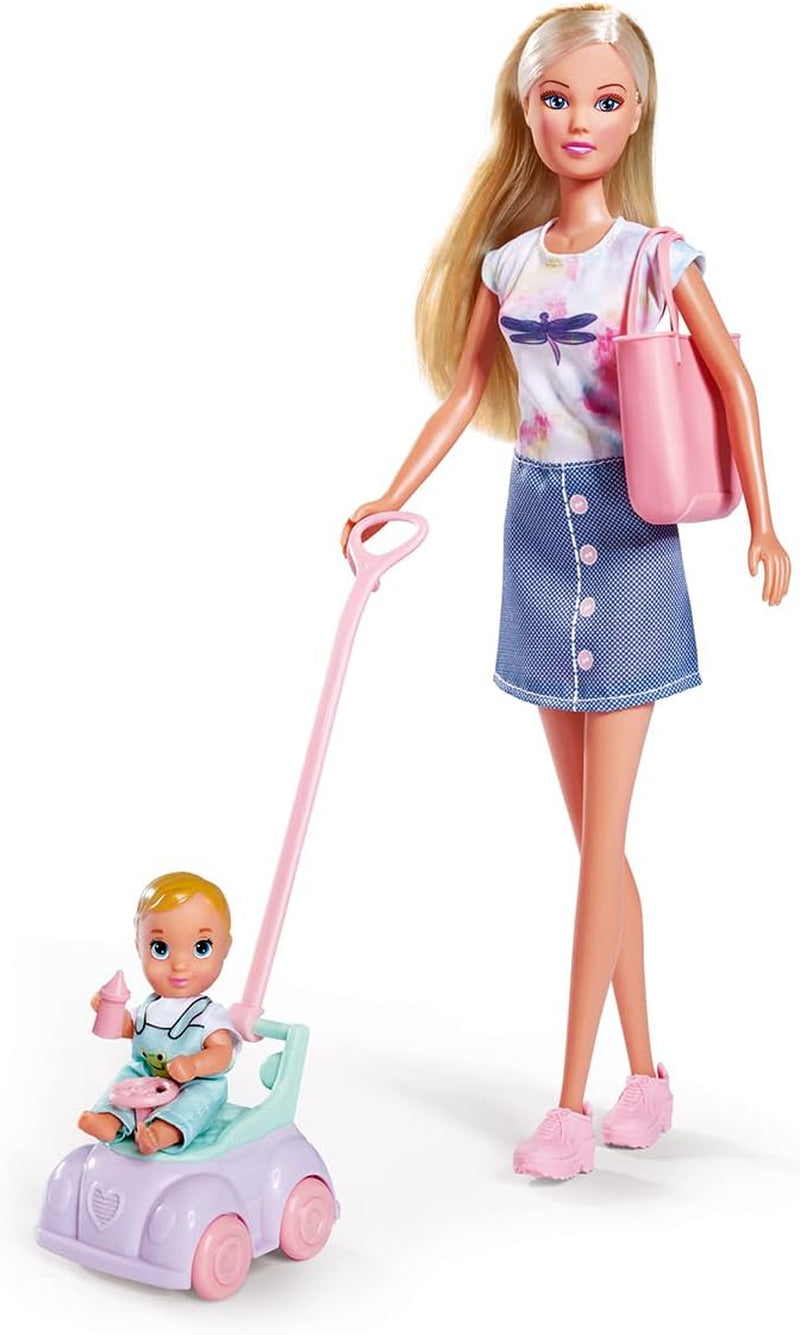 Simba 105733585 - Steffi Love Baby Car, Ankleidepuppe s Kind, Laufauto, 2-in-1 Funktion, with Handtasche and Babyzubehör, 12 Teile, 29cm Puppe, Ab 3 Jahren