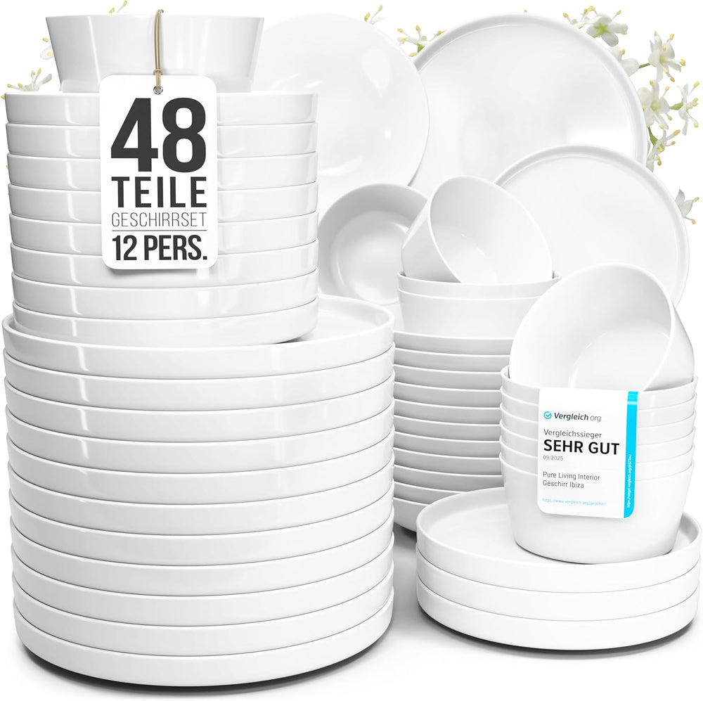 Set de veselă din porțelan pentru 12 persoane, Crystal 48 de piese, CÂȘTIGĂTOR AL TESTULUI, Set de veselă din porțelan transparent, set de boluri și farfurii, serviciu de cină pentru 12 persoane, Seturi de veselă Pure Living în alb