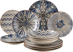 Serviciu de masă MÄSER 934017 Iberico Blue pentru 4 persoane, format din 12 piese, în stil maur, cu diverse modele vintage în alb și albastru, ceramică