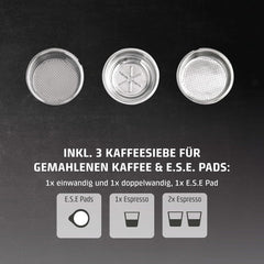 Caso Espresso Gourmet - Espressor portafiltru din oțel inoxidabil, pompă Ulka puternică de 19 bari, cu spumator de lapte, pentru cafea măcinată sau capsule de cafea ESE, pentru 2 cești, cu încălzitor de cești