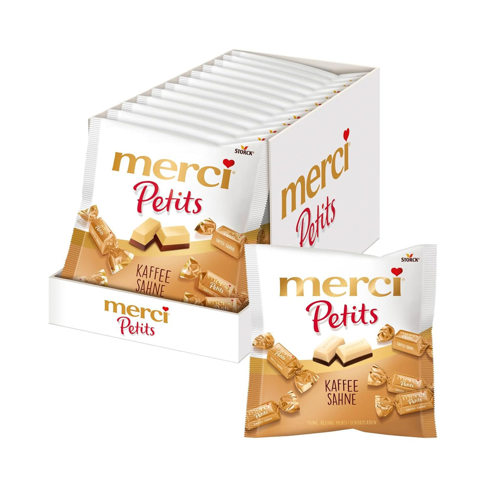 Kávový krém Merci Petits - 12 x 125 g - Malé pralinky z bílé čokolády na jemné čokoládě s kávovou smetanou - Jednotlivě balené čokoládové pralinky