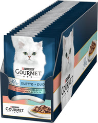 Hrană umedă pentru pisici Gourmet Perle Duetto cu somon și cod galben, pachet de 26 (26 x 85g)