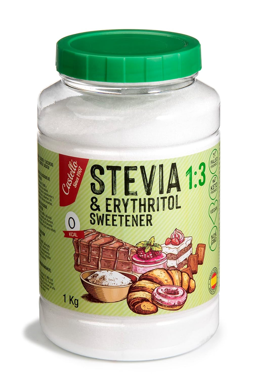 Stévie + Erythritol 1:3 Süßstoff | 1G = 3G Zucker | 100% Natürlicher Zuckerersatz - 0 Kalorie - 0 Glykämischer Index - Keto Und Paleo - 0 Netto-Kohlenhydrát - Kein GVO - Castello od roku 1907-1 Kg Sladidla Naty Shop Výchozí název