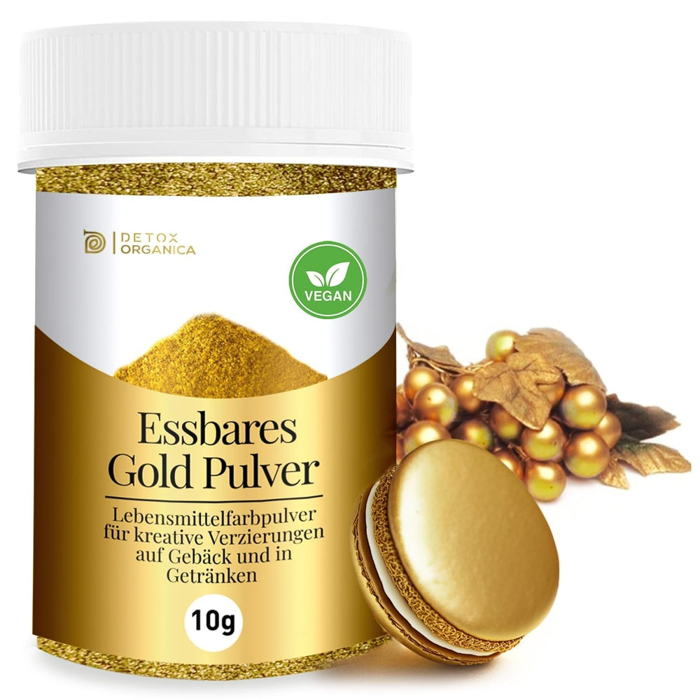 Pudră de aur comestibilă Detox Organica, 10g colorant alimentar auriu fără colorant E171, praf de aur pentru copt și decorare, ideal pentru prăjituri, brioșe, ciocolată și băuturi, sclipici comestibil