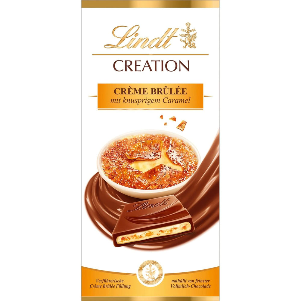 Bar Crème Brûlée Lindt Chocolate Creation | Crème Brûlée náplň s křupavým karamelem, přelitá tou nejjemnější mléčnou čokoládou | Čokoládová tyčinka | Čokoládový dárek, 150g