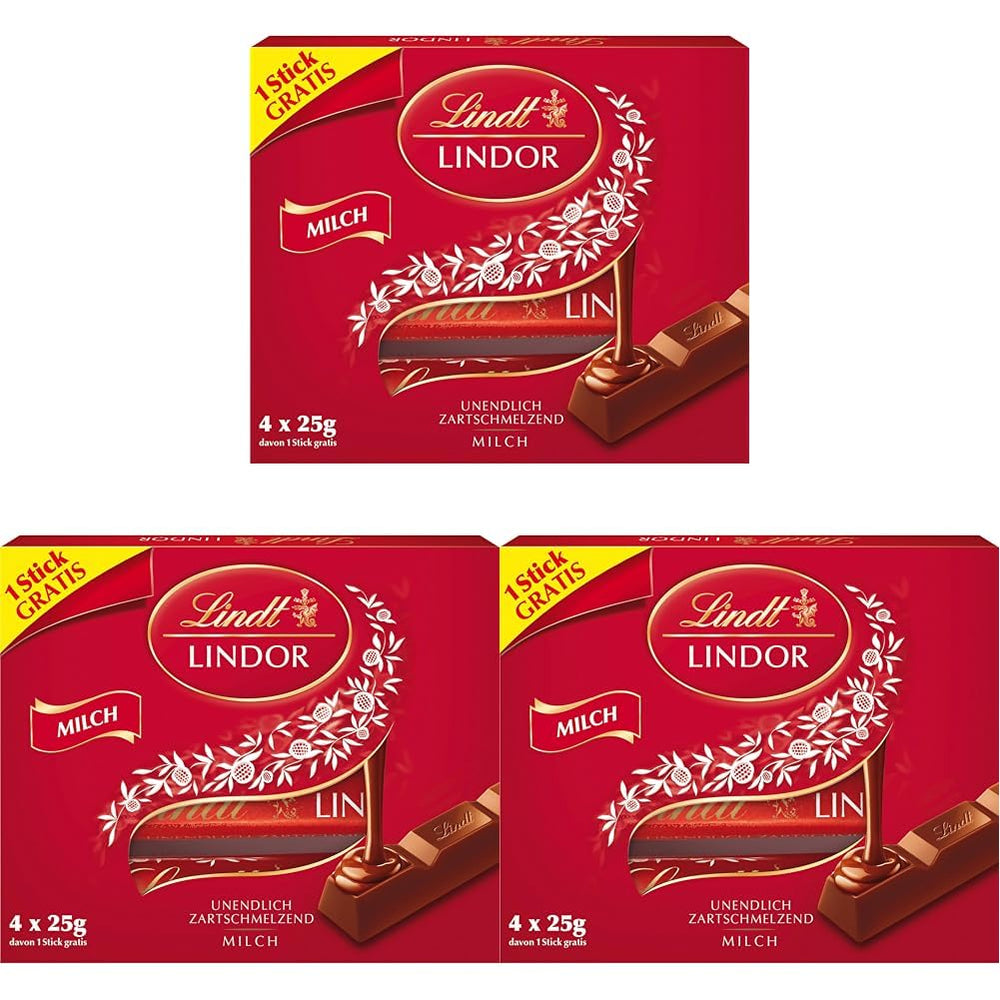 Lindt Čokoláda | LINDOR tyčinky z mléčné čokolády, Akční nabídka | 100 g | 4 tyčinky mléčné čokolády LINDOR s náplní rozplývající se v ústech | Čokoládové tyčinky (balení 3 ks)
