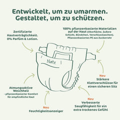 Dětské plenky Naty BioEmbrace, velikost 3 (4–9 kg) | 100% rostlinné materiály, šetrné k pokožce | Prodyšná měkkost, dermatologicky testováno, výborná vstřebatelnost | 100 ks.