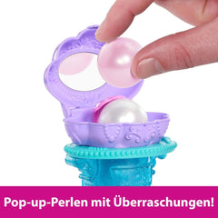 Mattel Disney Princess Toys, Make-up Shell Mermaid Panenka Arielle Fashion s odnímatelným ocasem, Makeup Table s 5 opakovatelnými vyskakovacími překvapeními a 5 doplňky, JBF86 Naty Shop Dolls