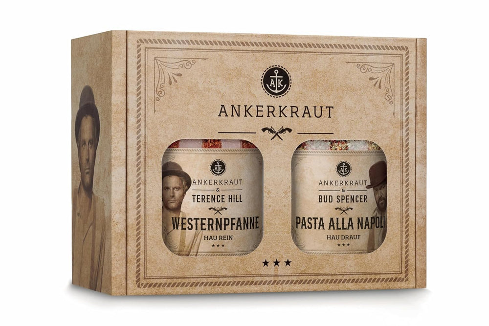 Ankerkraut Bud Spencer & Terence Hill Bagaluten Gewürz-Box, mit western pfanne and Pasta alla Napoli, Geschenk-Set, lecker kochen, 195 g Gewürze Inhalt