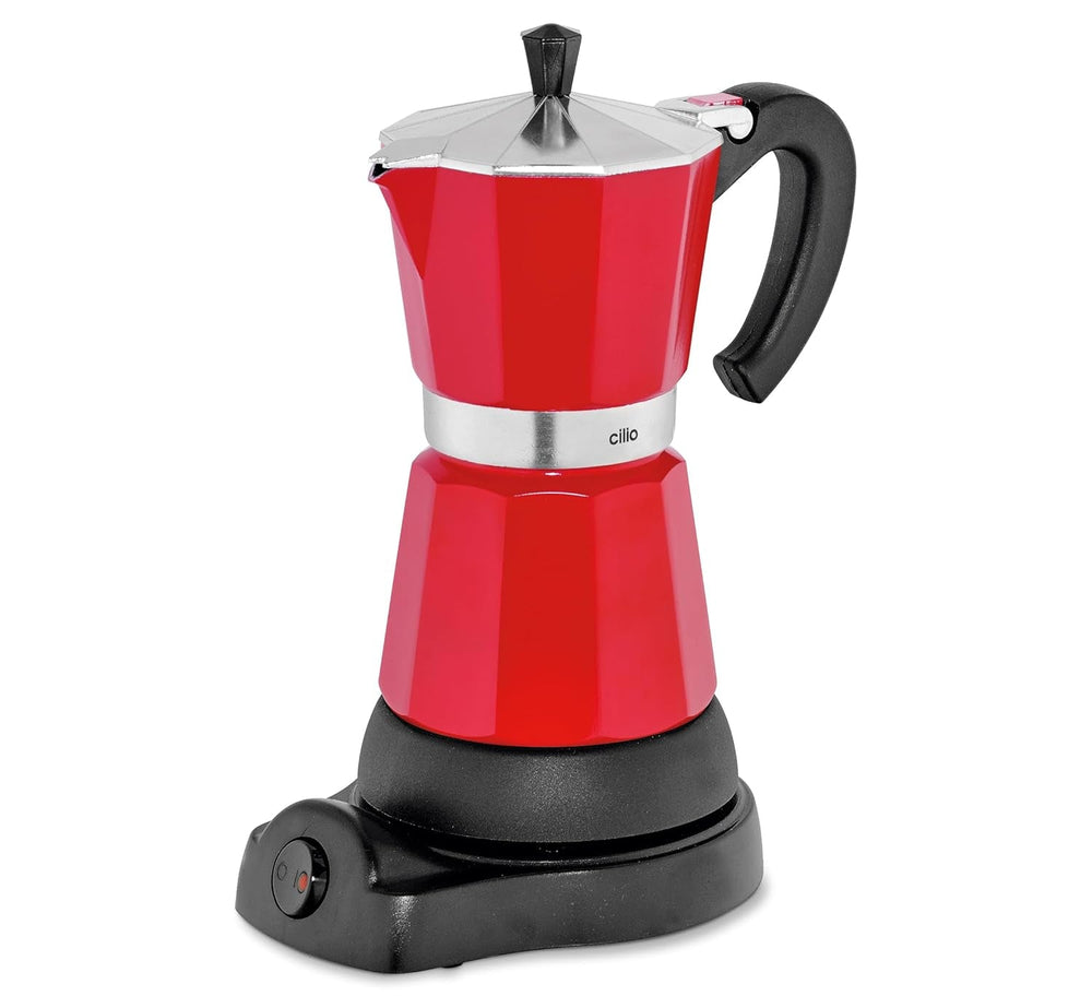 Espressor Cilio Classico pentru 6 cești | electric 480W | Ø 11,5 cm Înălțime: 25 cm | aluminiu | roșu | plită integrată | cu funcție de menținere a căldurii și filtru reductor | pentru călătorii sau camping