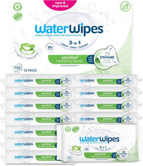 WaterWipes Sensitive+ Hydrating Boost vlhčené ubrousky, hydratační ubrousky, počet 720 (12 balení), 3 v 1 čistí, pečují, hydratují, 99% voda z Aloe Vera, neparfémované dětské ubrousky