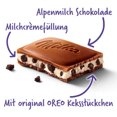 Milka Oreo – Čokoláda z alpského mléka plněná křupavými kousky Oreo sušenek a jemným vanilkovým krémem – 100g
