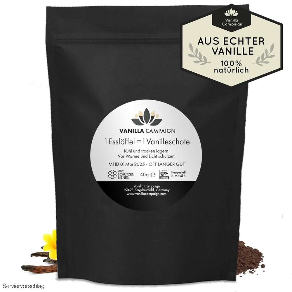 Prémiový vanilkový prášek z pravých vanilkových bobů, přírodní, bez cukru, bez aditiv, Fairtrade, vegan (40G bez obalu) z Vanilla Campaign® Flavors Naty Shop 40 g (jedna dávka)