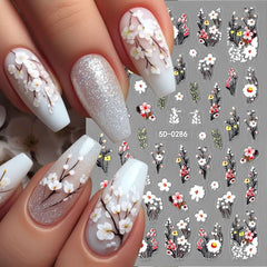 Autocolante pentru unghii cu flori de prun, autocolante pentru unghii cu flori albe și roz, autocolante pentru unghii cu flori în relief, autocolante pentru unghii cu flori de primăvară și vară, design pentru unghii, accesorii pentru unghii, nail art